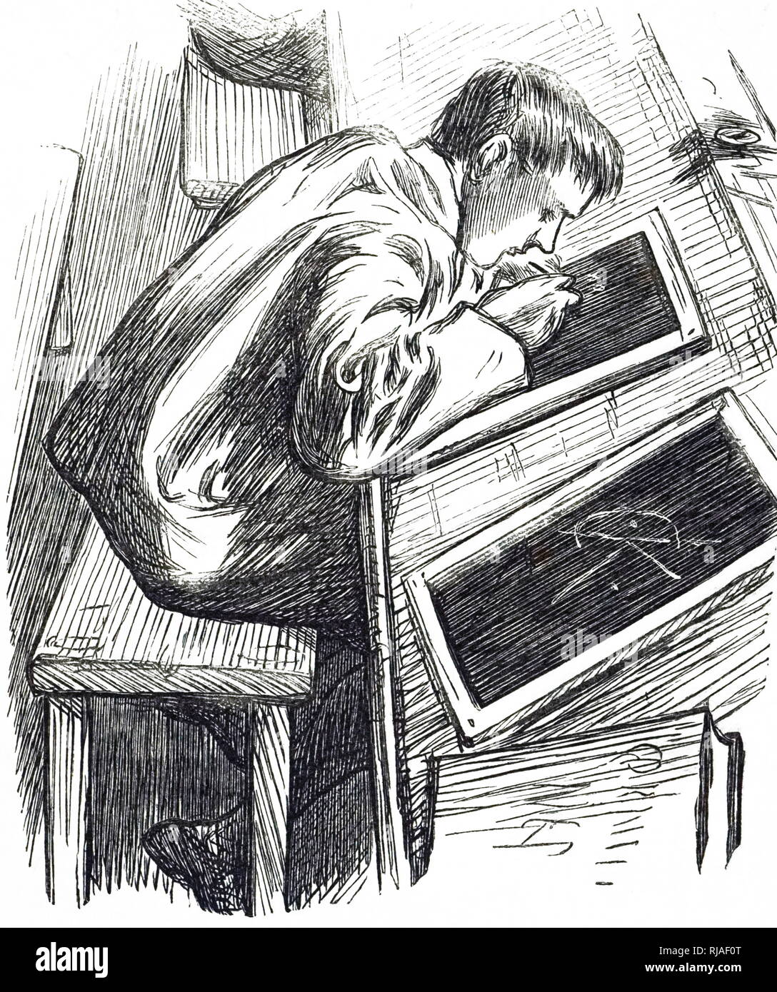 An engraving depicting a child writing with chalk on a slate. Dated 19th century Stock Photo