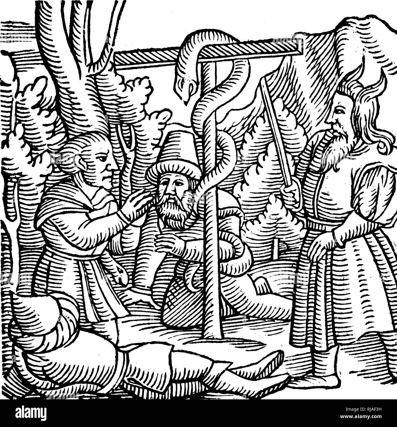 A woodcut engraving depicting a serpent on a pole with the children of Israel round it. Moses is on the right. Dated 16th century Stock Photo