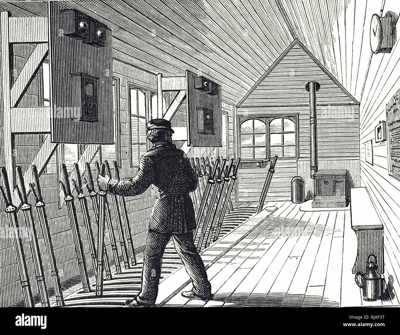 An engraving depicting a signal box on the North London Railway Line. Dated 19th century Stock Photo