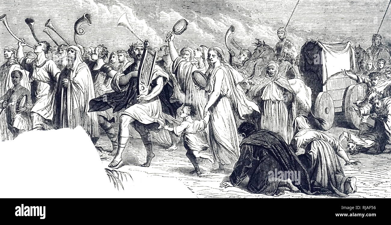 An engraving depicting King David and all the House of Israel playing and dancing as the Ark of the Covenant is brought into the city. Dated 19th century Stock Photo