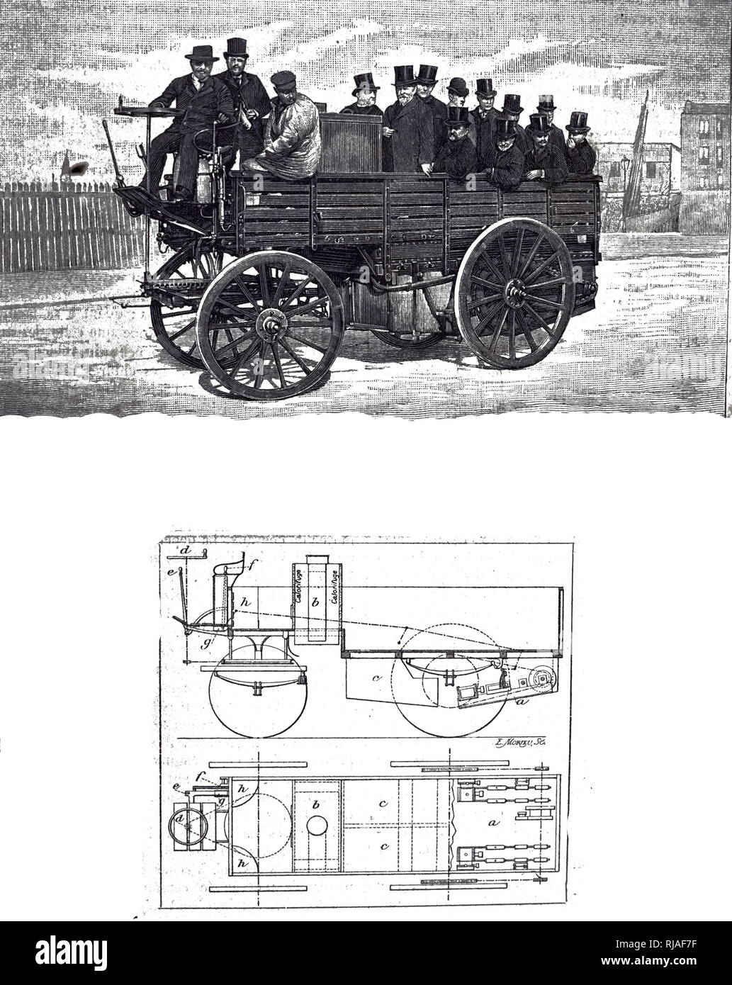 An engraving depicting Leon Serpollet's steam wagon powered by his instantaneous steam generator. Leon Serpollet (1858-1907) a French industrialist and pioneer of steam automobiles. Dated 19th century Stock Photo
