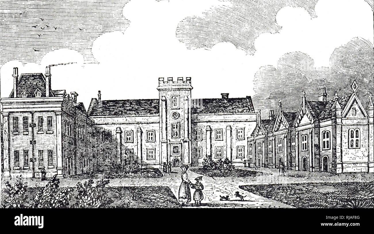 An engraving depicting the exterior of Dulwich College founded by Edward Alleyn in 1619. Edward 'Ned' Alleyn (1566-1626) an Elizabethan actor. Dated 19th century Stock Photo