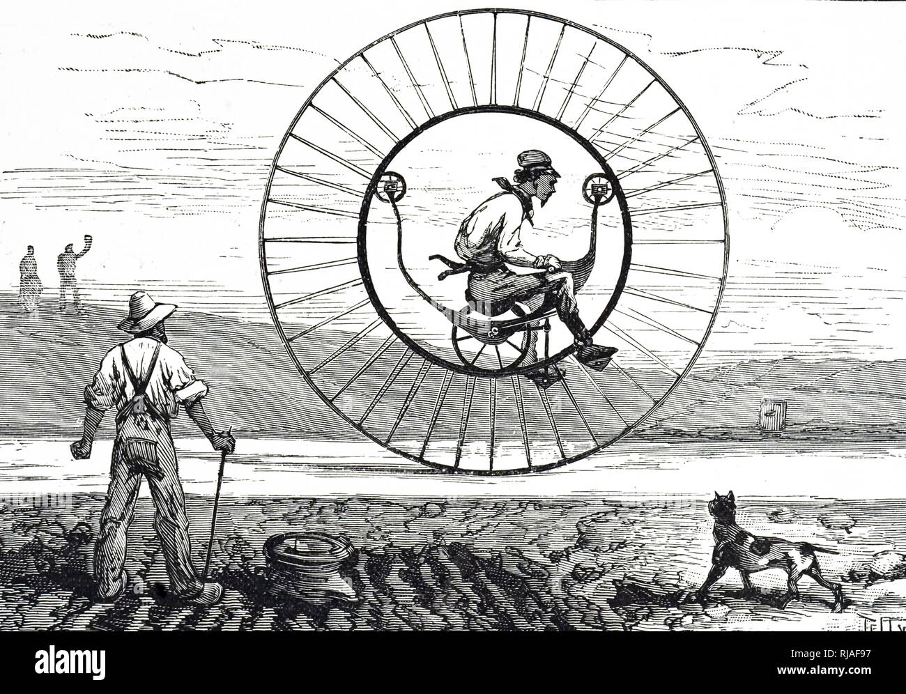 An engraving depicting a unicycle invented by Langmaak and Strief of