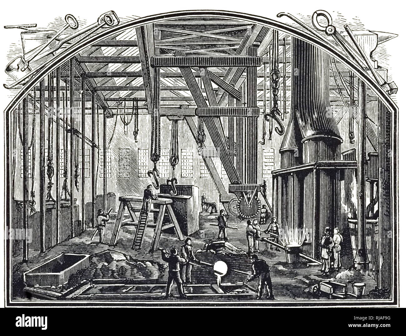 An engraving depicting an iron foundry. Dated 19th century Stock Photo