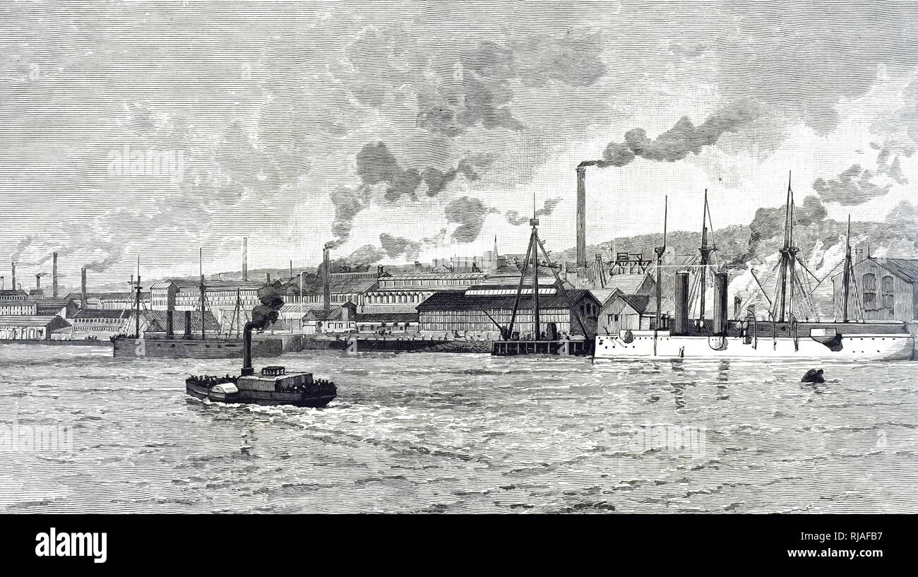 An engraving depicting Armstrong's Elswick Works, Newcastle. Dated 19th century Stock Photo