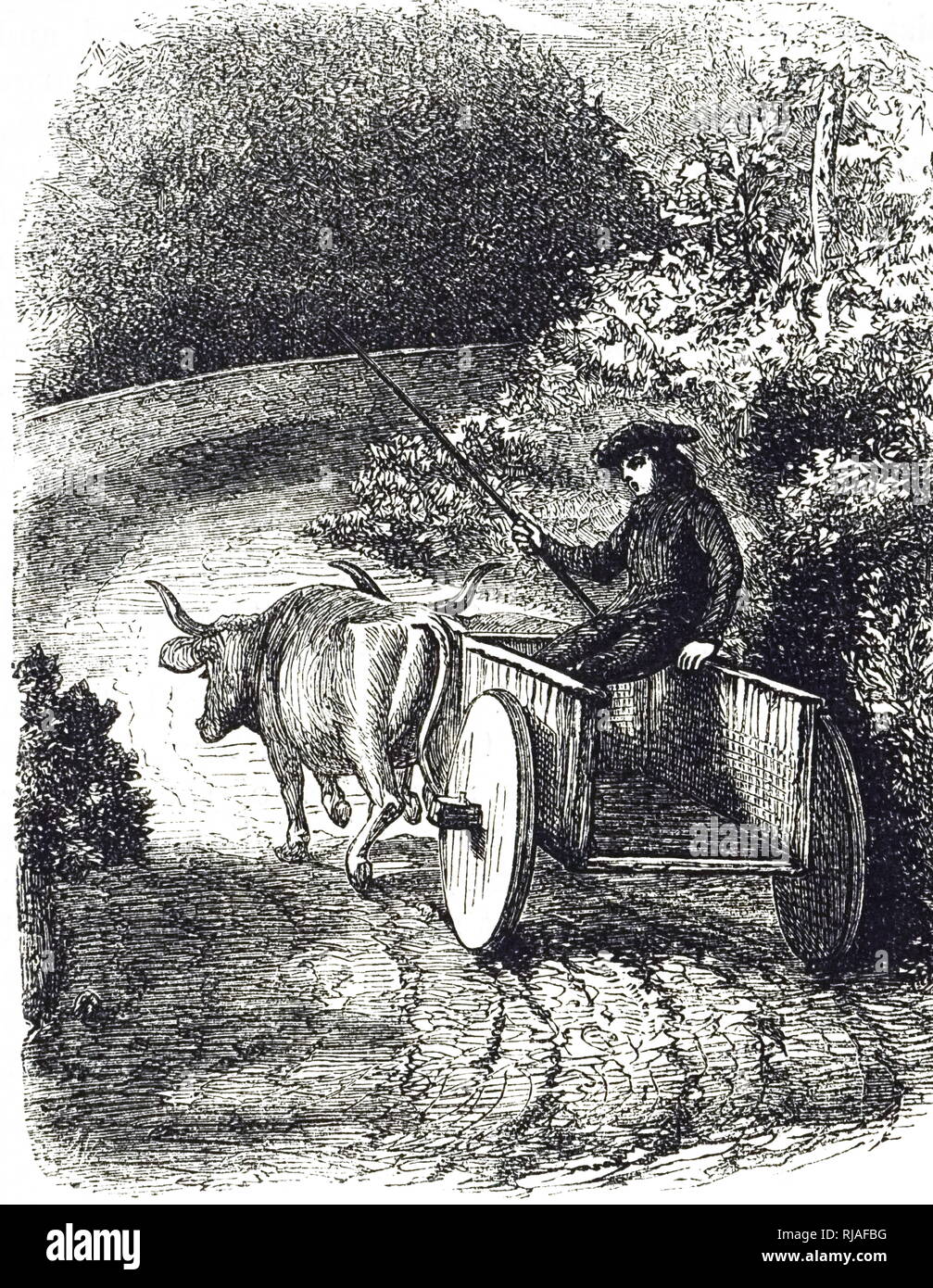 An engraving depicting an oxcart with solid wheels in Biscay, Spain