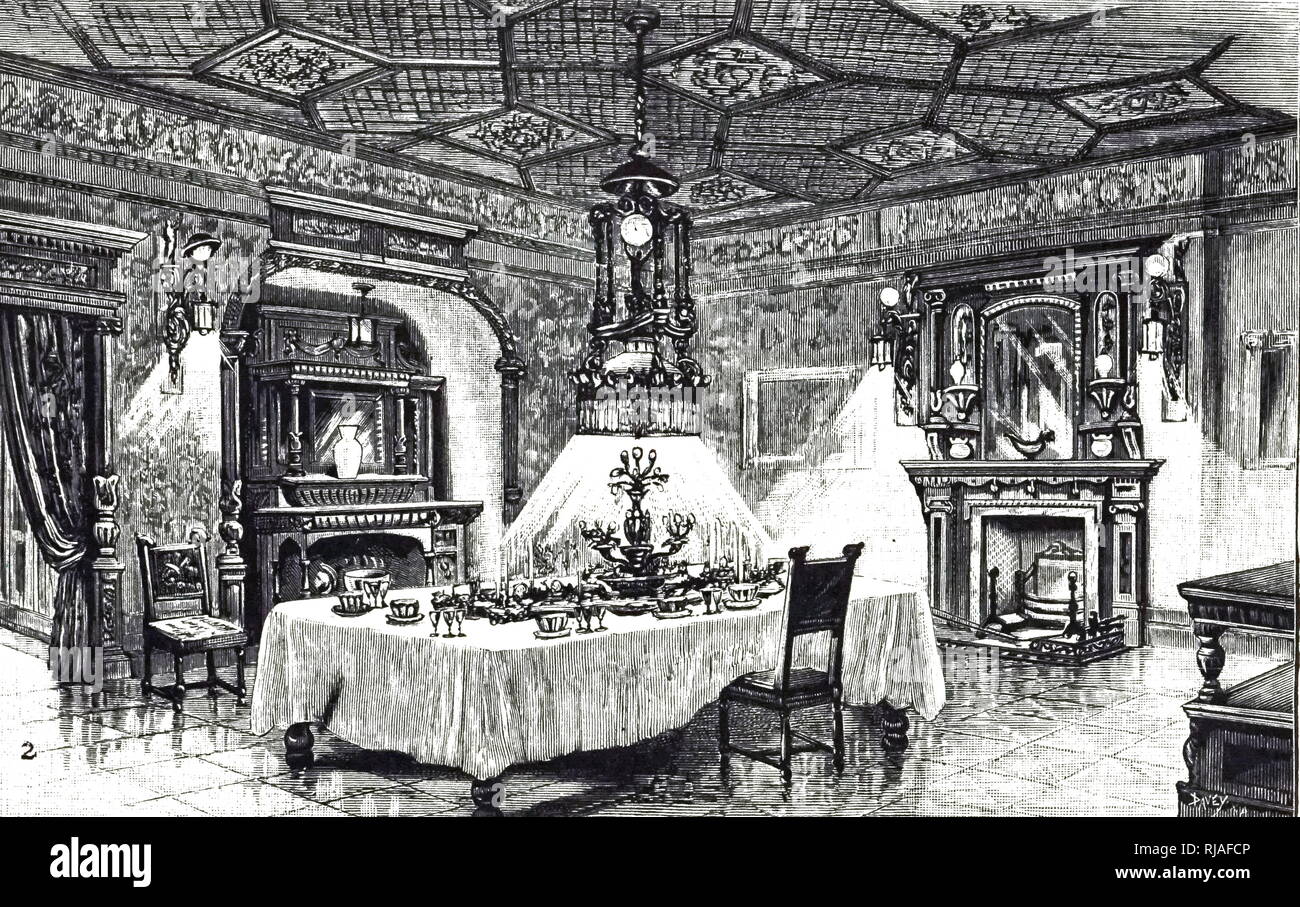 An engraving depicting a room fitted with electric lighting: Electrical Exhibition, Crystal Palace, London. Dated 19th century Stock Photo