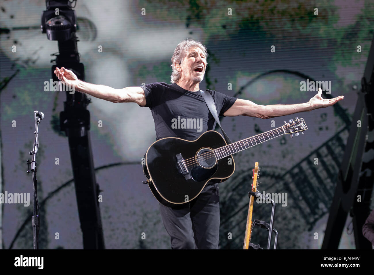 Lucca, Italy. 11th july, 2018. Italy, Lucca: singer Roger Waters (Pink Floyd) performs live on stage at Lucca Summer Festival 2018  for “Us + Them” tour 2018 Stock Photo