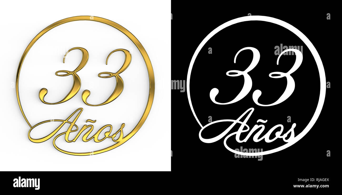 Spanish number thirtythree years (number 33 years) in a circle, top