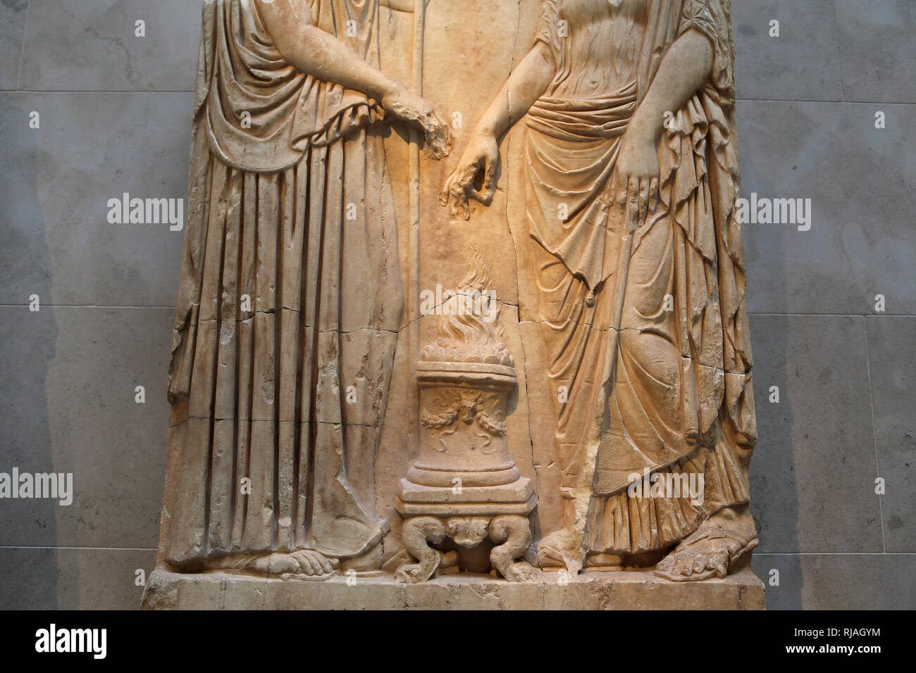 Relief with 2 goddesses. Roman, imperial era. 1st-2nd cent. Altarlike incense burner. Copy of a Greek original. The Met, NY, USA Stock Photo