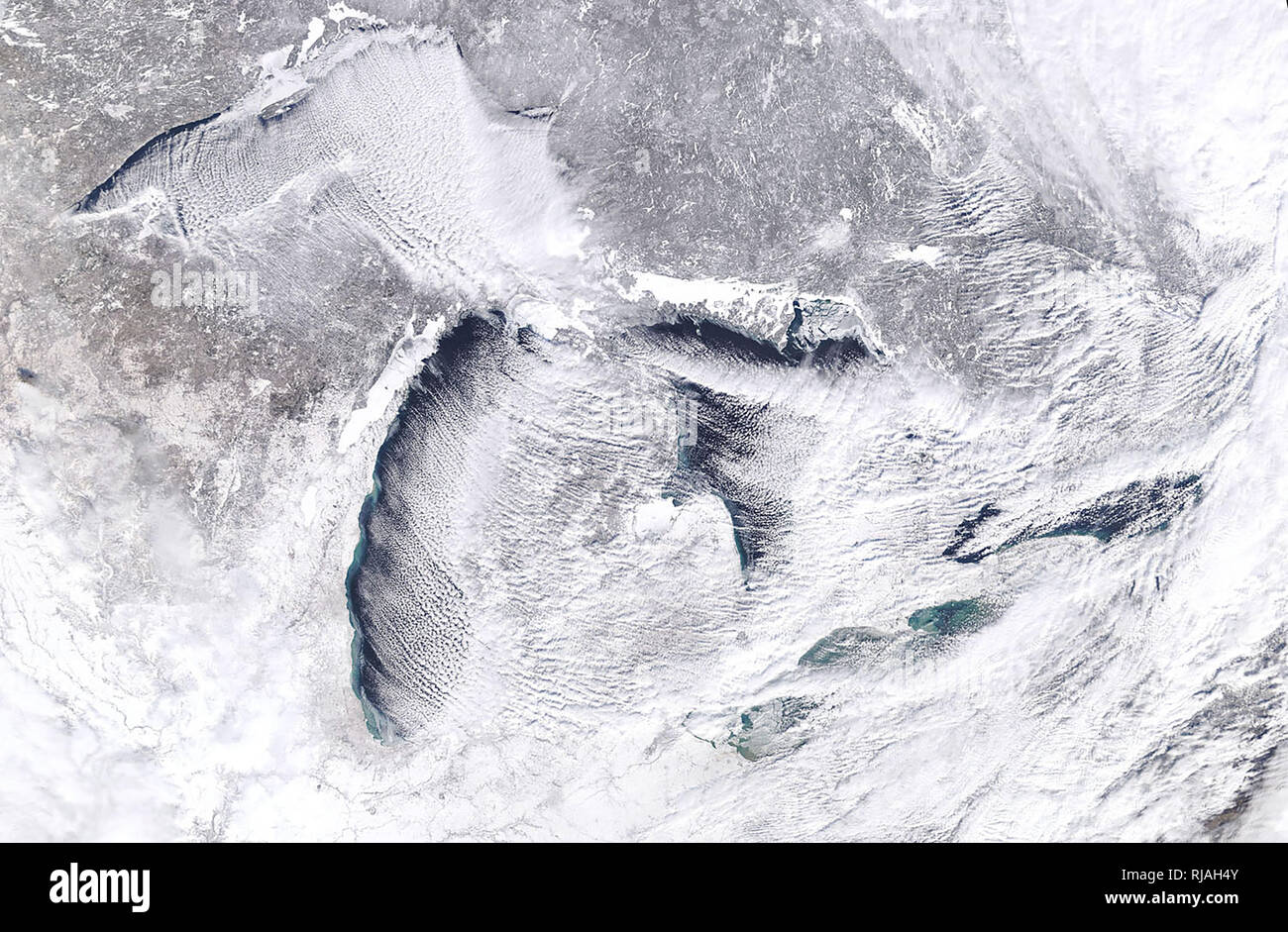 Nasa satellite image polar vortex frozen Great Lakes USA 2019 Stock Photo