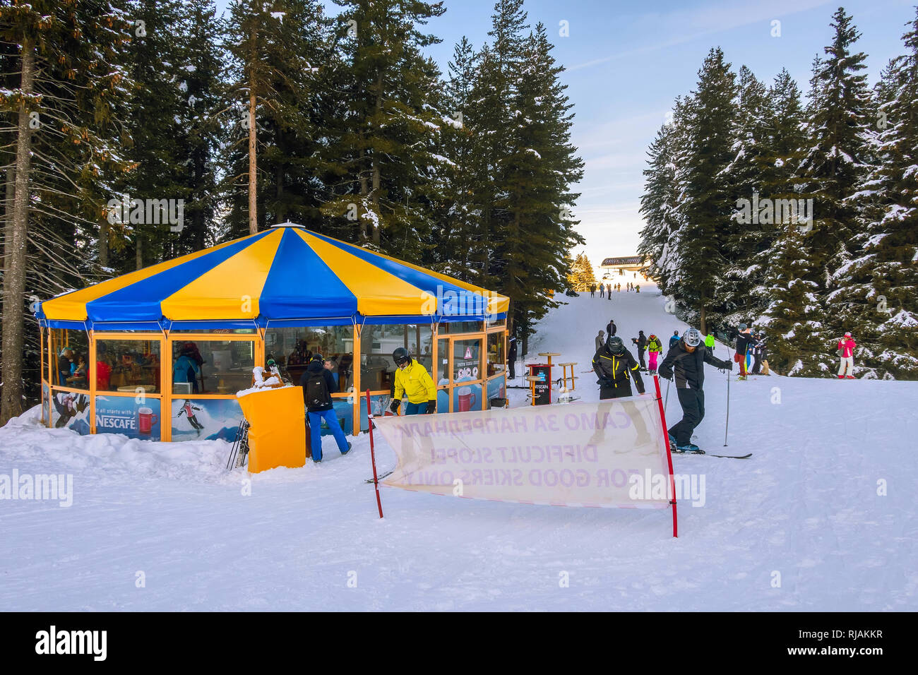 Bansko, Bulgaria December 20, 2018 Ski resort view with ski slope