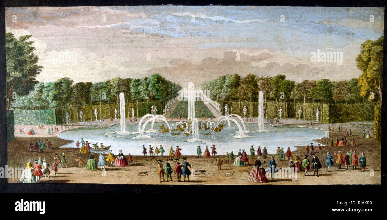 Illustration showing Le Bassin d'Apollon (The Apollon Pond), a fountain at the Palace of Versailles, France. Charles Le Brun designed the centrepiece depicting the Greek god Apollo rising from the sea in a four-horse chariot. A pond was dug on the site of the fountain in 1639 called 'The Pond of the Swans'. When King Louis XIV had it enlarged in 1671, the pond's east-west orientation and the common association of the King with Apollo prompted Le Brun to suggest dedicating the site to Apollo. The dawn theme was popular at the time and appears on some painted ceilings in European palaces. The fo Stock Photo
