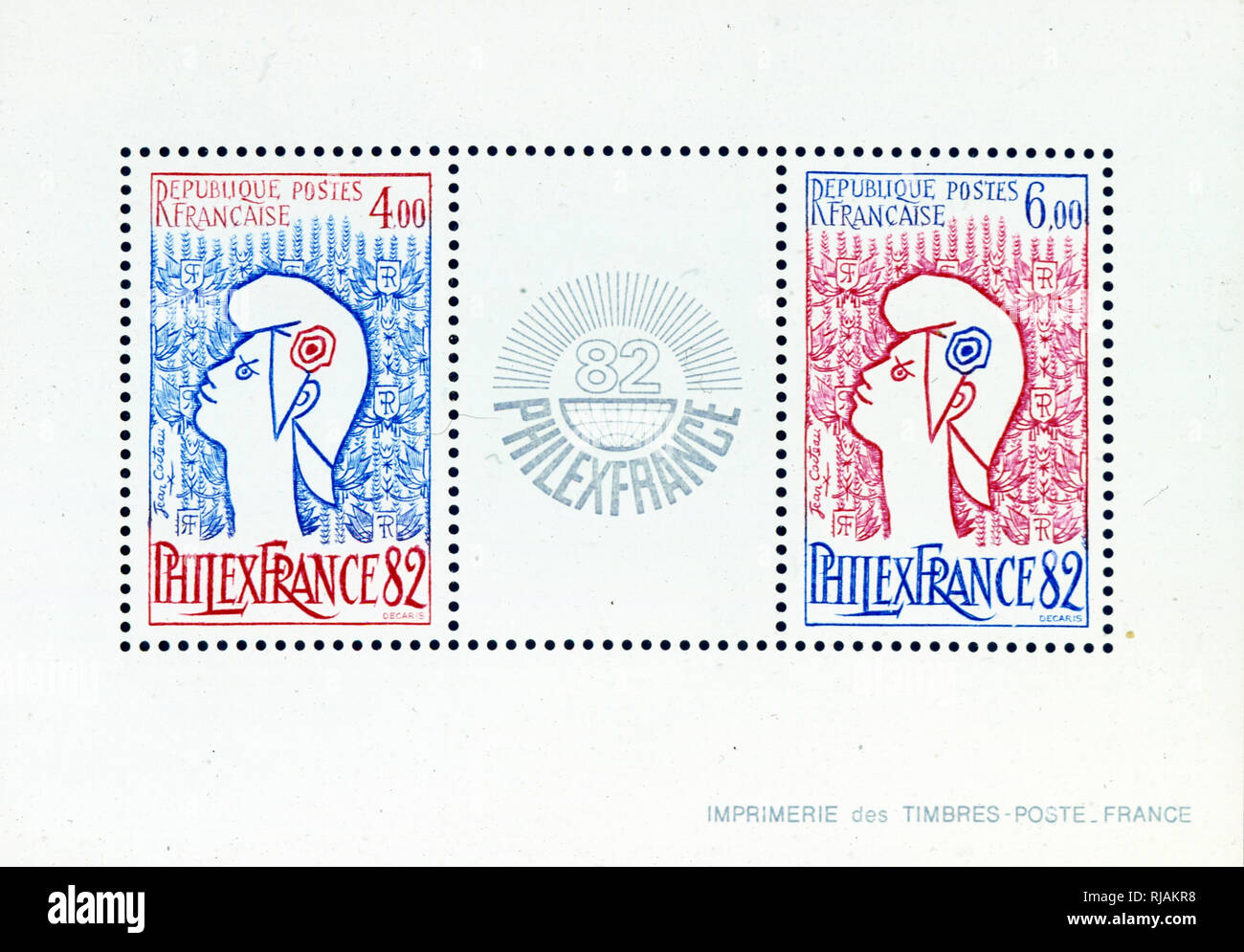 French postage stamps commemorating Philex France 1982.  This was an international philately exhibition for stamp collectors Stock Photo