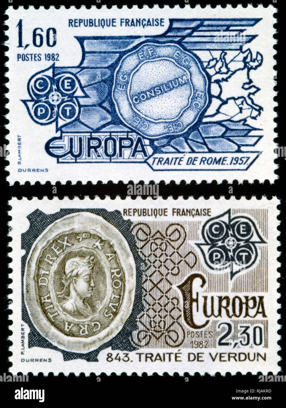 French postage stamp commemorating 25 years since the Treaty of Rome and 1200 years since the Treaty of Verdun. 1982. The Treaty of Verdun, signed in August 843, was the first of the treaties that divided the Carolingian Empire into three kingdoms among the three surviving sons of Louis the Pious, who was the son of Charlemagne. The treaty, signed in Verdun-sur-Meuse, ended the three-year Carolingian Civil War. The Treaty of Rome brought about the creation of the European Economic Community (EEC), the best-known of the European Communities (EC). It was signed on 25 March 1957 by Belgium, Franc Stock Photo