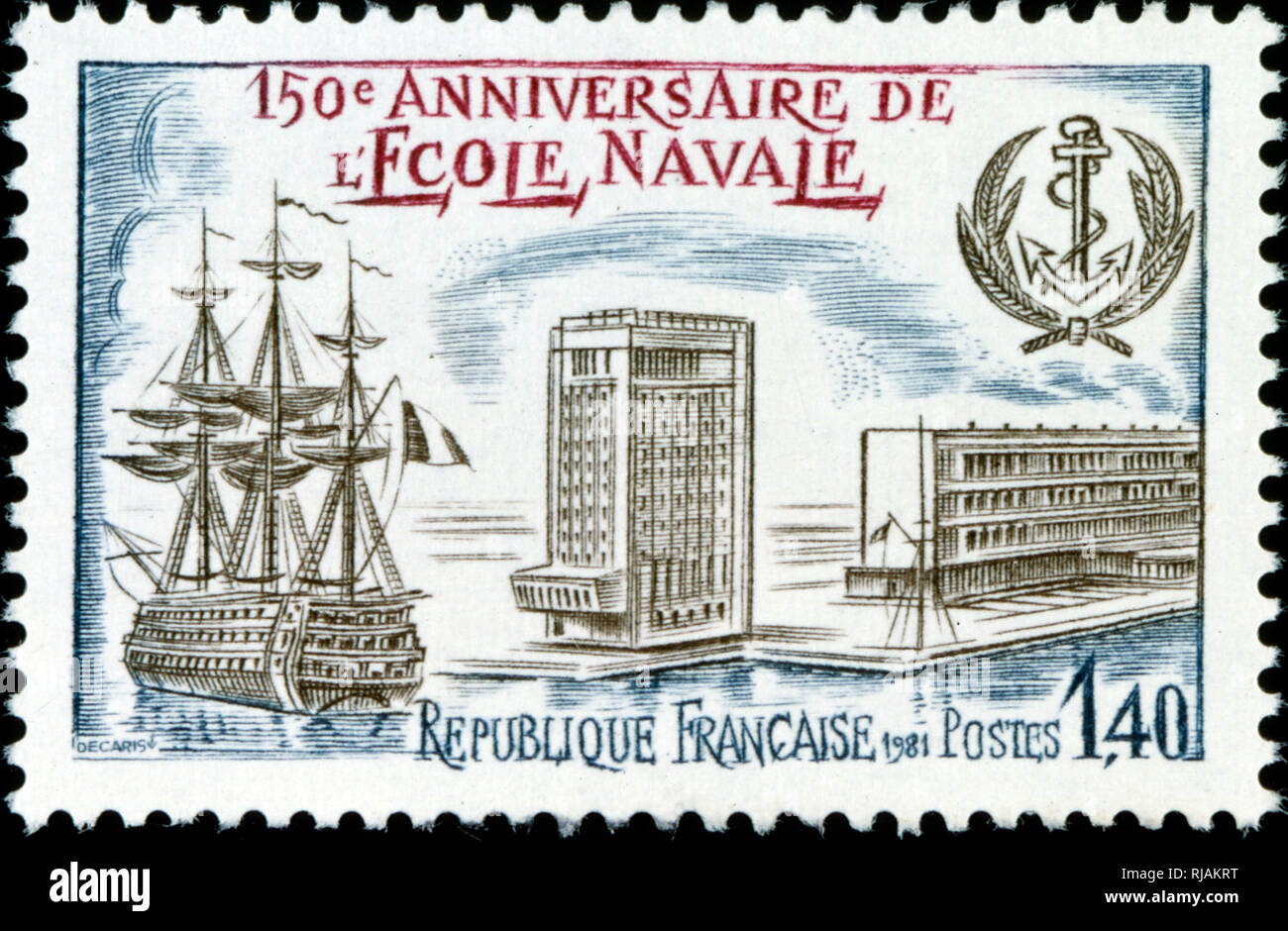 French postage stamp celebrating the 150th anniversary of the Ecole Navalle; French Naval Academy 1980 Stock Photo