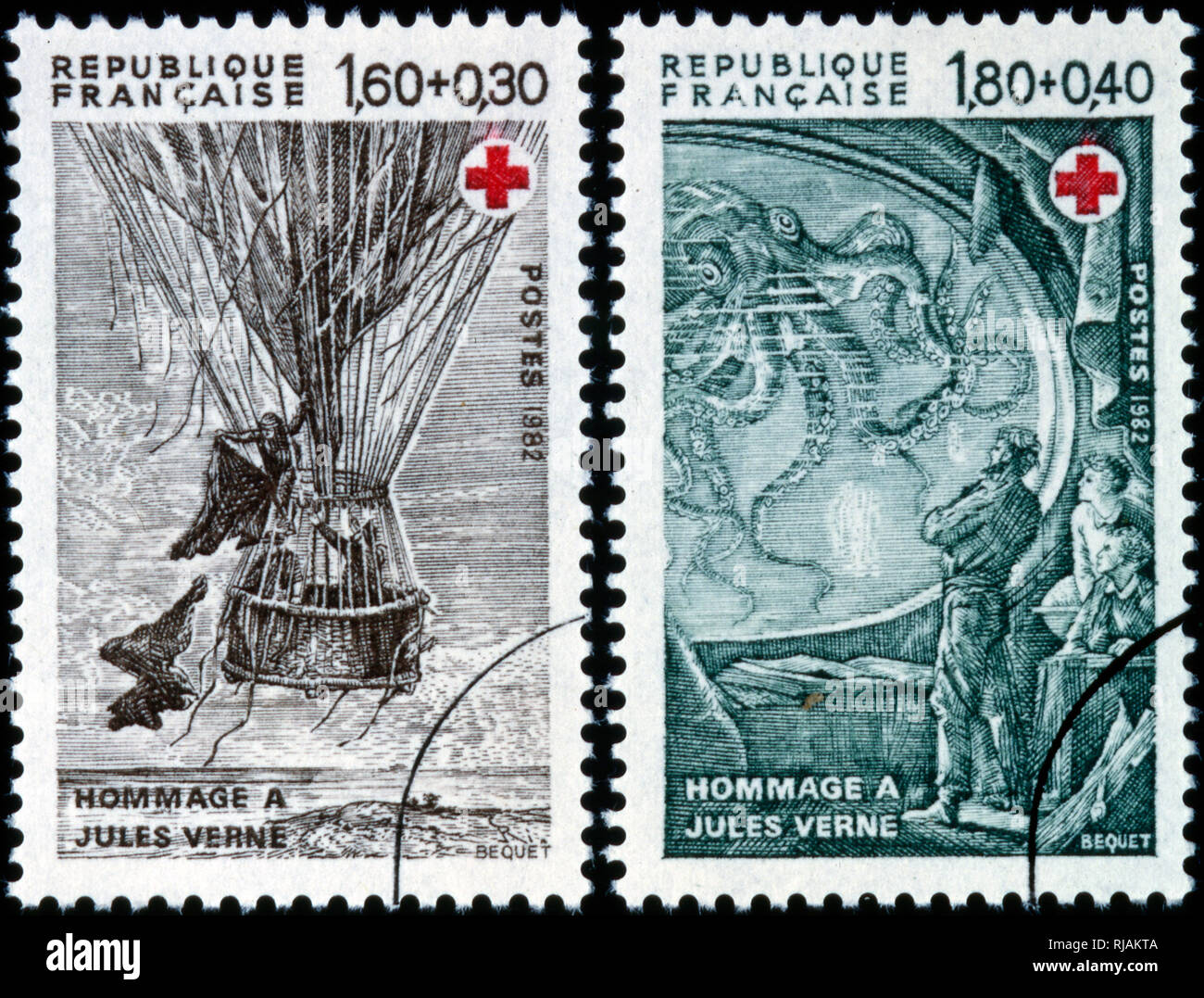 French postage stamp depicting illustrations from books by Jules Verne. 1982 Stock Photo