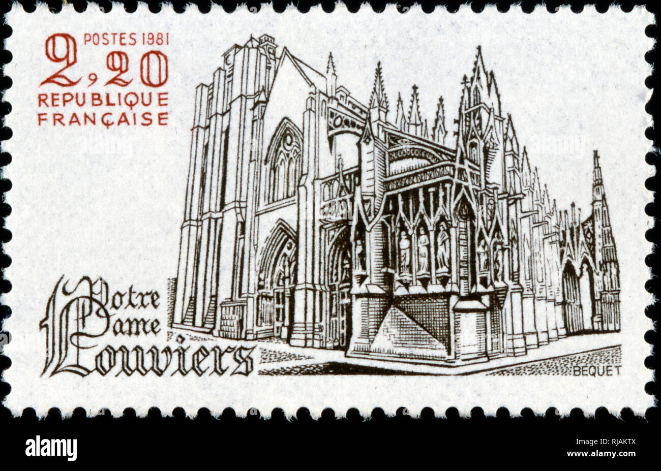 French postage stamp celebrating the Church of Notre-Dame de Louviers, a parish church located in Louviers, a town in the Eure department. It is a notable example of Gothic church architecture in northern France. Stock Photo