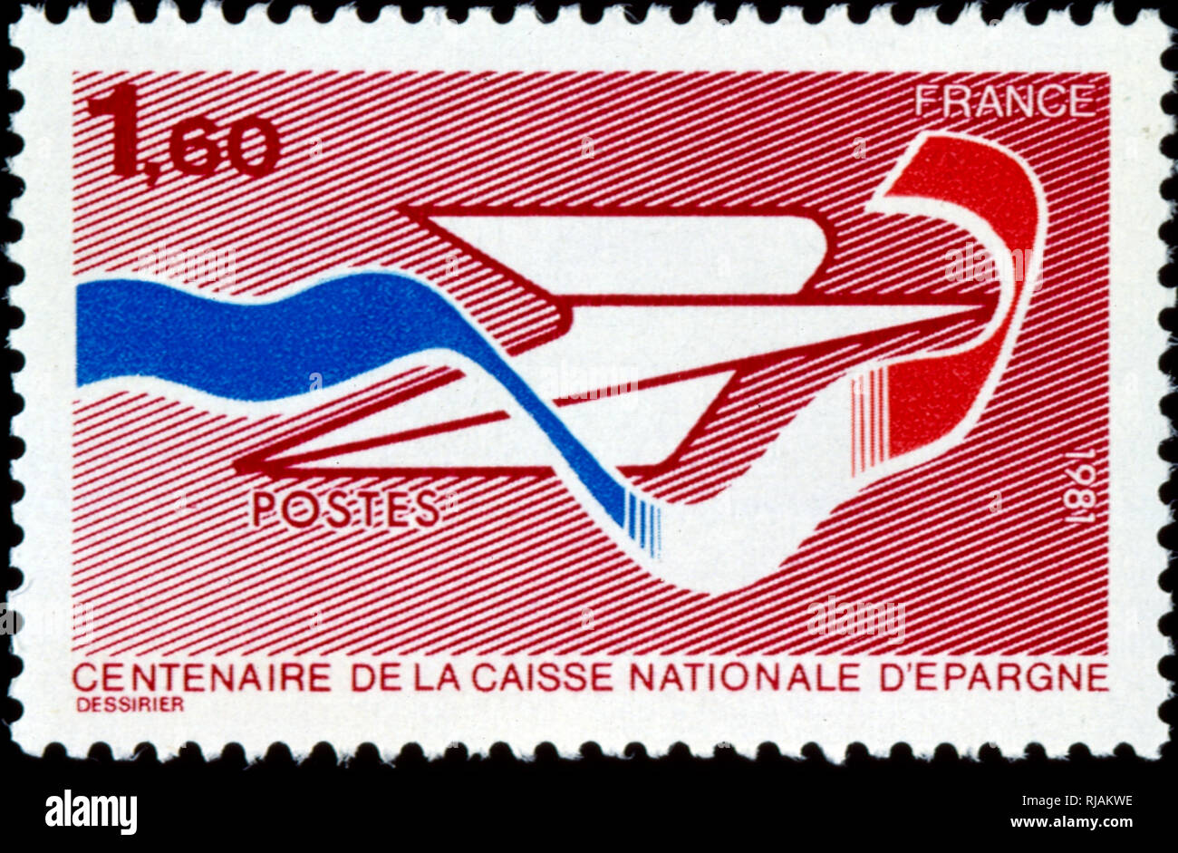 French postage stamp celebrating the centenary of Groupe Caisse d'epargne, a French semi-cooperative banking group, founded in 1818, Stock Photo