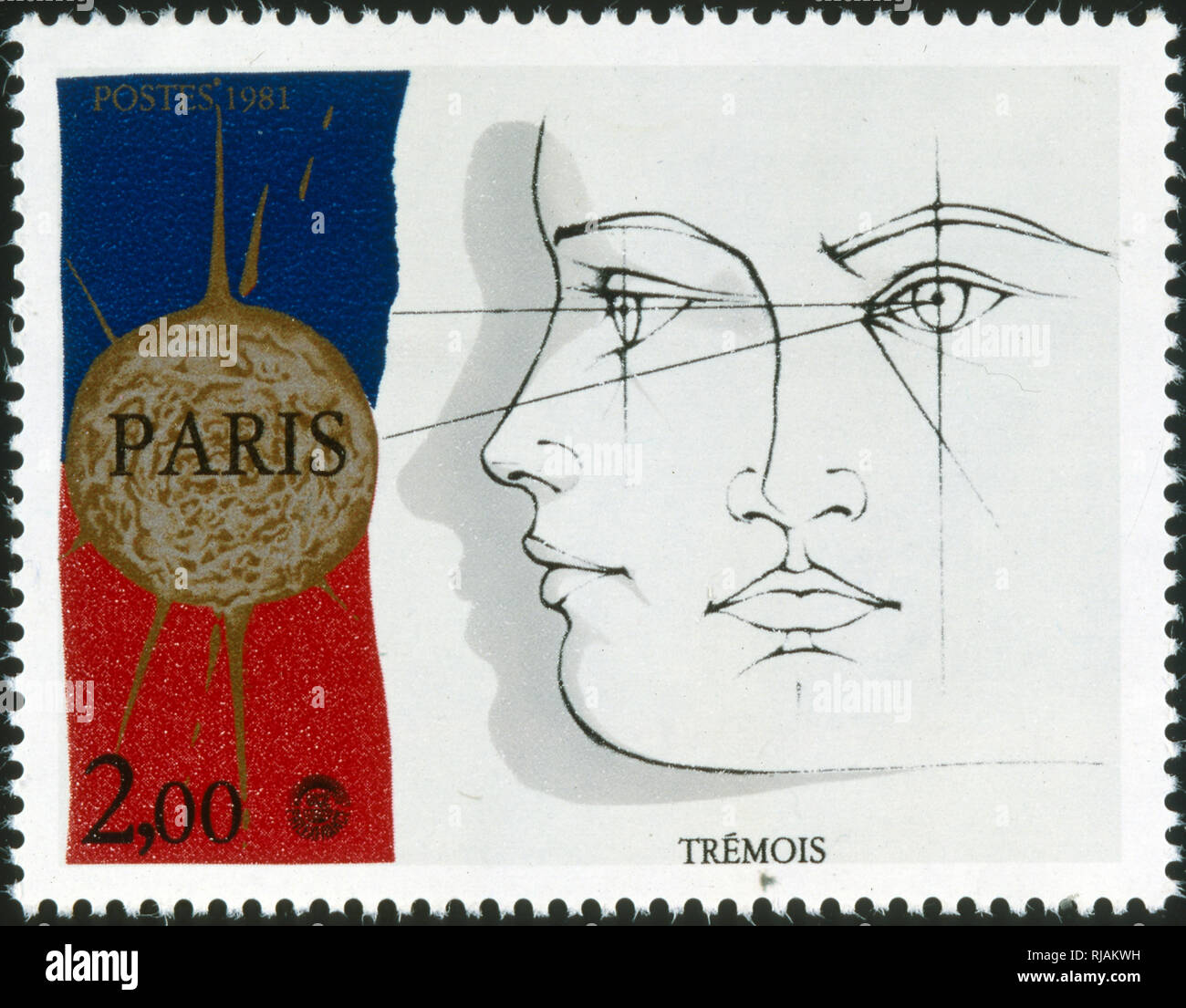 French postage stamp commemorating Pierre-Yves Tremois (born 8 January 1921 in Paris), a French visual artist and sculptor. He is known for evocative works drawing in equal proportions on surrealism and science illustration Stock Photo