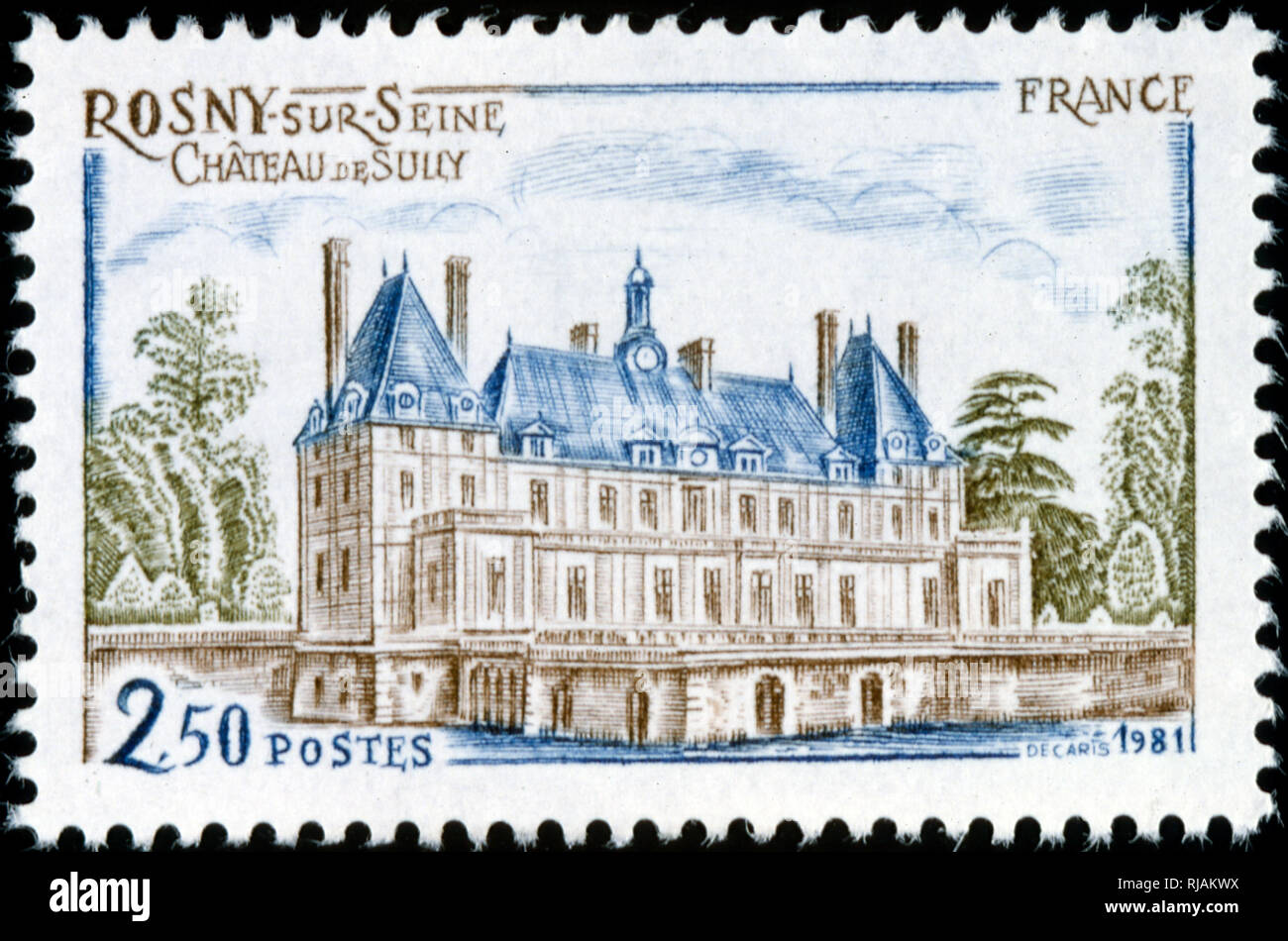 French postage stamp celebrating French Renaissance, chateau of Sully. 1981 Stock Photo