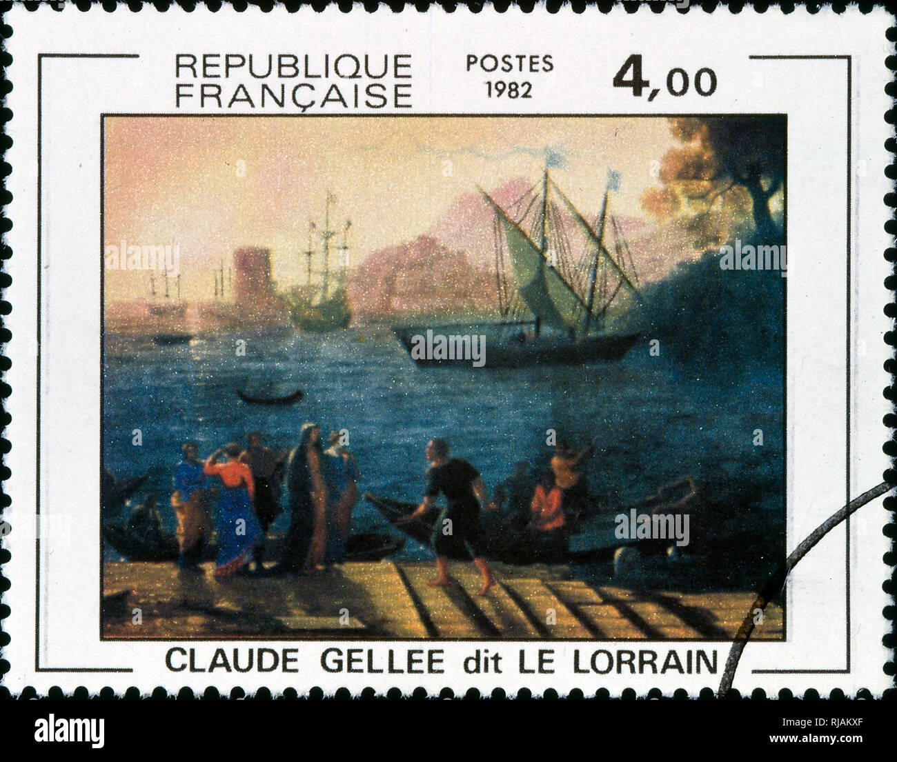 French postage stamp commemorating Claude Lorrain ( c. 1600 - 1682) French painter, draughtsman and etcher of the Baroque era. Stock Photo