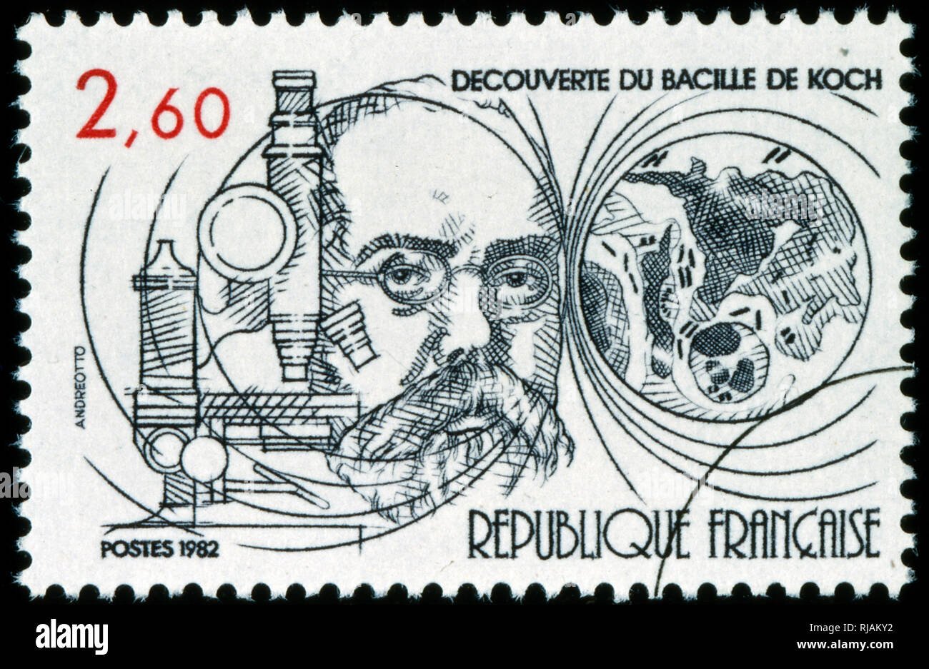 French postage stamp commemorating the work of Heinrich Hermann Robert Koch (1843 - 1910); German physician and microbiologist. As the founder of modern bacteriology, he identified the specific causative agents of tuberculosis, cholera, and anthrax and gave experimental support for the concept of infectious disease; For his research on tuberculosis, Koch received the Nobel Prize in Physiology or Medicine in 1905. Stock Photo
