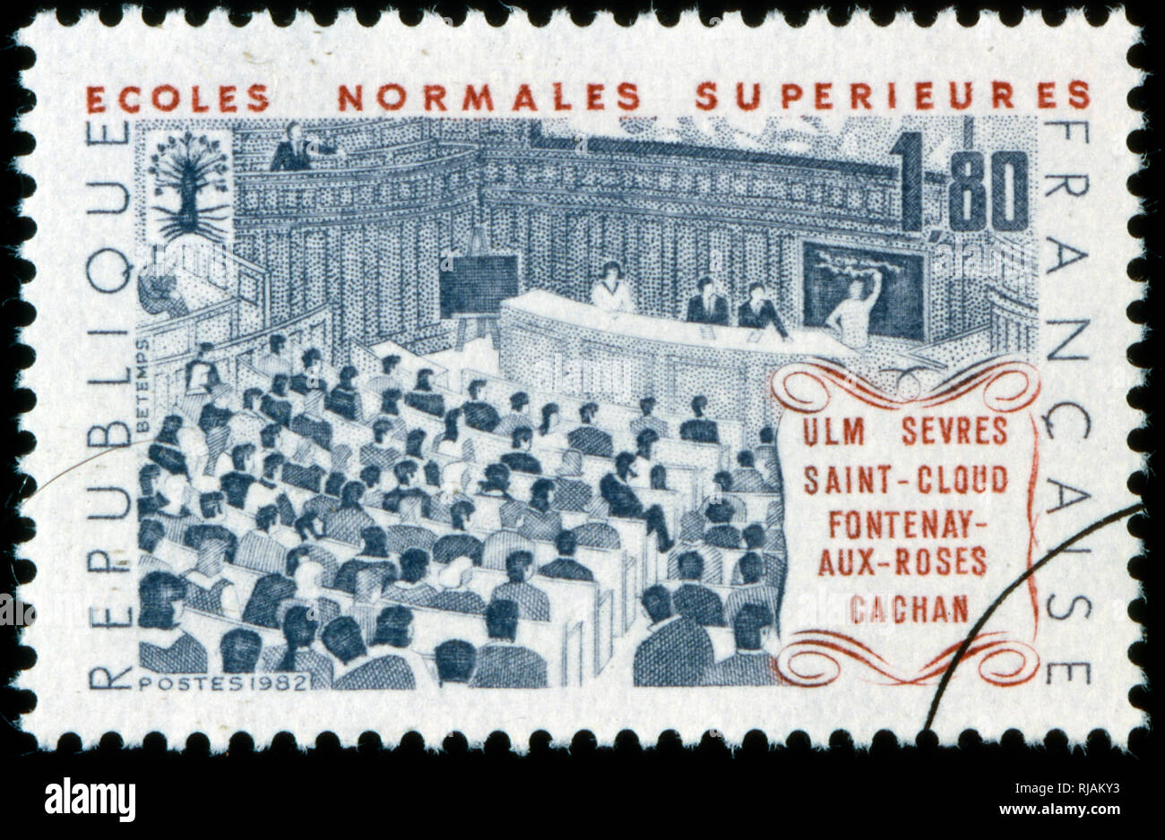 French postage stamp commemorating the Ecole normale Superieure, established in 1794. also known as Normale sup', Ulm, ENS Paris, l'Ecole and most often just as ENS, it is one of the most selective and prestigious French grandes ecoles (higher education establishment outside the framework of the public university system) and a constituent college of Universite PSL. Stock Photo