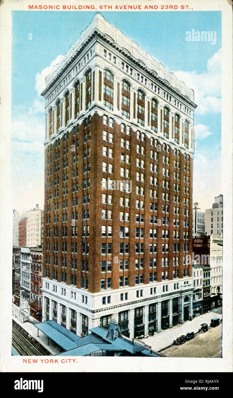 Postcard (1920) showing the Masonic Hall in New York City; headquarters of the Grand Lodge of Free and Accepted Masons of the State of New York. The building was constructed to replace a previous Masonic Hall (built in 1875 and designed by Napoleon Lebrun), that stood on the same site. designed by Harry P. Knowles, It actually consists of two interconnected buildings, one constructed in 1913, (shown), on the corner of 23rd St and 6th Avenue, and the other (constructed in 1907) facing 24th St. The 23rd St. Stock Photo