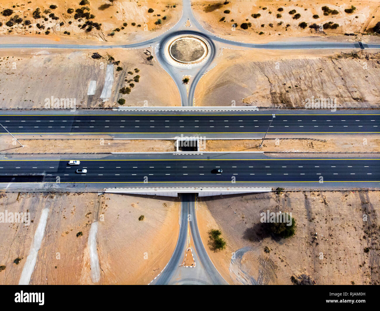 Highway road in the desert aerial view Stock Photo