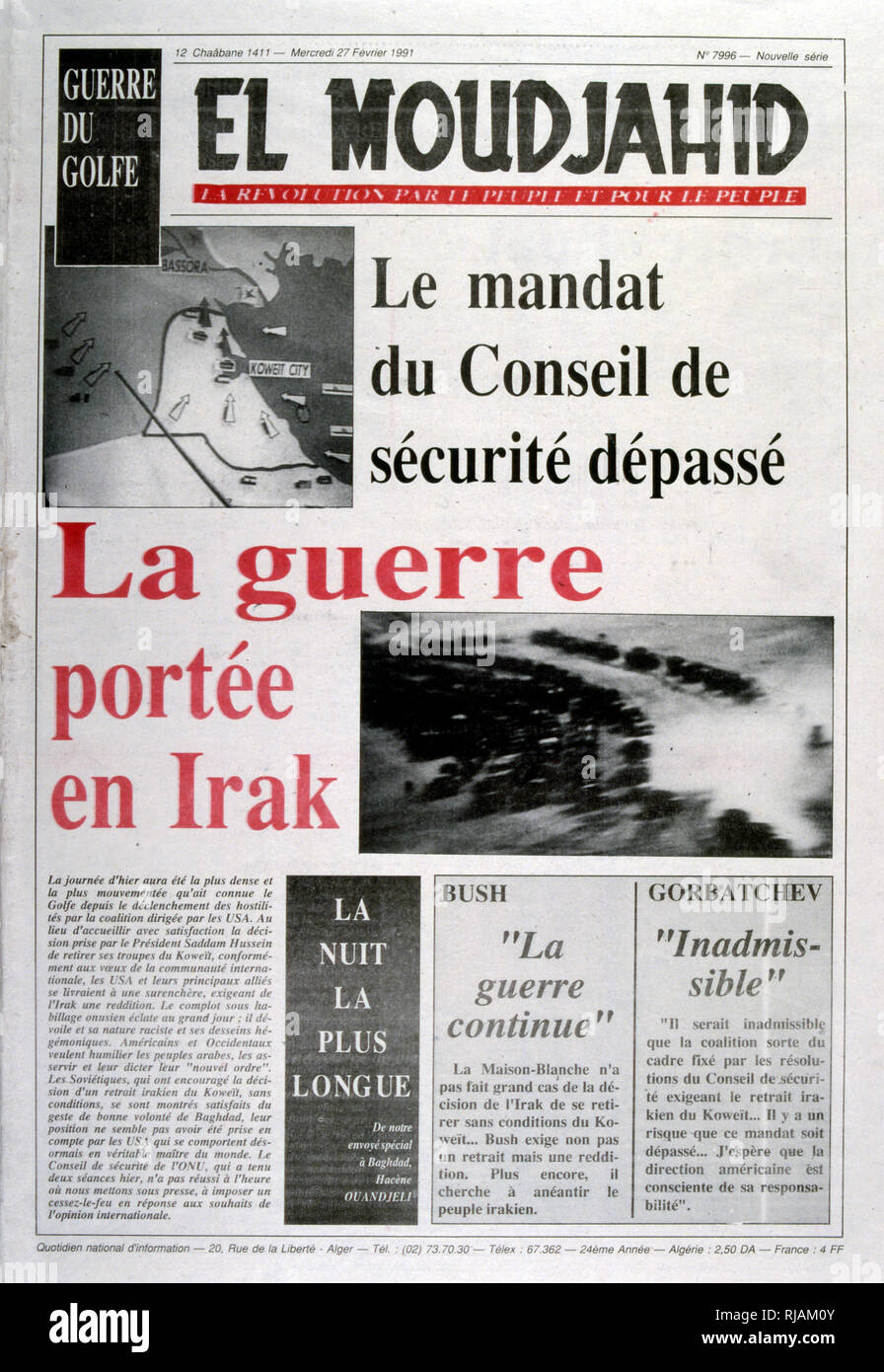 Headline in 'El Moudjahid' an official Algerian publication, 27th February 1991, concerning the retreat of Iraqi forces from Kuwait. The Gulf War (2 August 1990 - 28 February 1991), codenamed Operation Desert Shield and Operation Desert Storm, was a war waged by coalition forces from 35 nations led by the United States against Iraq in response to Iraq's invasion and annexation of Kuwait. Stock Photo