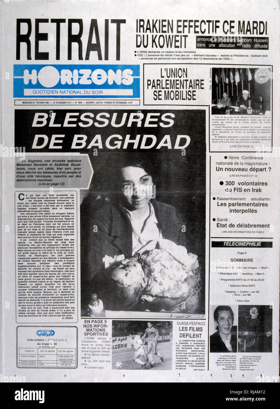 Headline in 'Horizons' a French language Algerian newspaper, 27th February 1991, concerning the Gulf War (2 August 1990 - 28 February 1991). codenamed Operation Desert Shield and Operation Desert Storm, the war waged by coalition forces from 35 nations led by the United States against Iraq in response to Iraq's invasion and annexation of Kuwait. Stock Photo