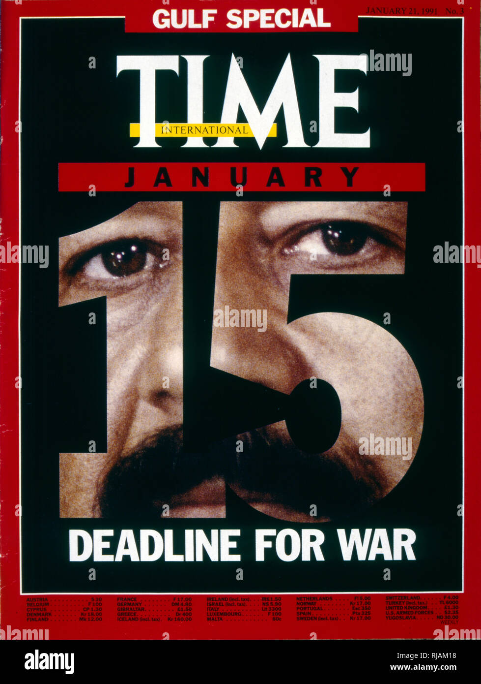 Front cover of  'Time ' magazine depicting Iraqi leader Saddam Hussein in the build up to the Gulf War, 21st January 1991. The Gulf War (2 August 1990 - 28 February 1991). codenamed Operation Desert Shield and Operation Desert Storm, the war waged by coalition forces from 35 nations led by the United States against Iraq in response to Iraq's invasion and annexation of Kuwait. Stock Photo