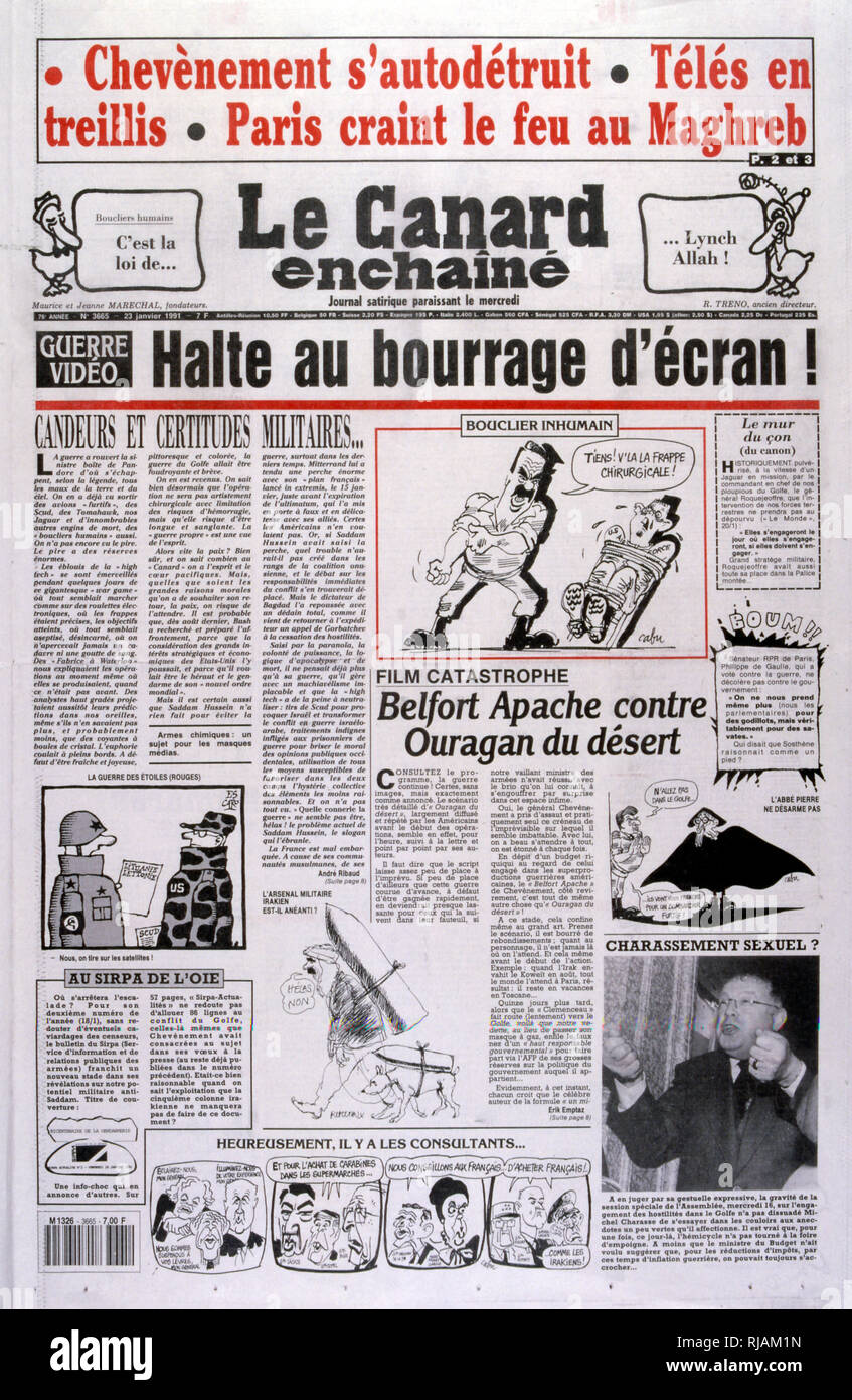 satirical cartoon in a French newspaper, depicting Saddam Hussein the Iraqi leader interrogating a captured US pilot during the Gulf War (2 August 1990 - 28 February 1991). codenamed Operation Desert Shield and Operation Desert Storm, the war waged by coalition forces from 35 nations led by the United States against Iraq in response to Iraq's invasion and annexation of Kuwait. the pictures show French filed commanders and the French War cabinet under President Mitterrand. Stock Photo