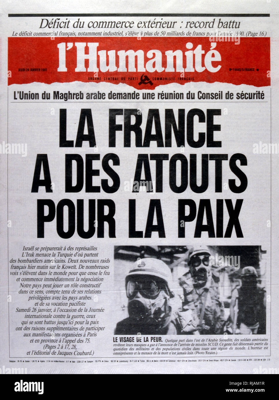 Headline in 'l'Humanite' a French left wing, newspaper, 24th February 1991, against the escalating action in the Gulf War (2 August 1990 - 28 February 1991). codenamed Operation Desert Shield and Operation Desert Storm, the war waged by coalition forces from 35 nations led by the United States against Iraq in response to Iraq's invasion and annexation of Kuwait. Stock Photo