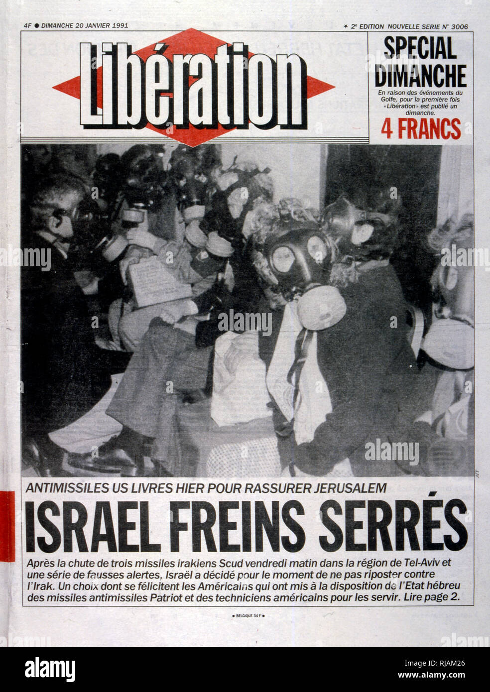 Headline in 'Liberation' a French newspaper, 20th January 1991, concerning a missile attack on Israel during the Gulf War (2 August 1990 - 28 February 1991). codenamed Operation Desert Shield and Operation Desert Storm, the war waged by coalition forces from 35 nations led by the United States against Iraq in response to Iraq's invasion and annexation of Kuwait. the pictures show French filed commanders and the French War cabinet under President Mitterrand. Stock Photo