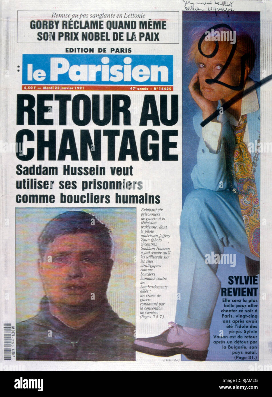 headline in 'le Parisien' a French newspaper, 2nnd January 1991, concerning captured US pilot during the Gulf War (2 August 1990 - 28 February 1991). codenamed Operation Desert Shield and Operation Desert Storm, the war waged by coalition forces from 35 nations led by the United States against Iraq in response to Iraq's invasion and annexation of Kuwait. the pictures show French filed commanders and the French War cabinet under President Mitterrand. Stock Photo