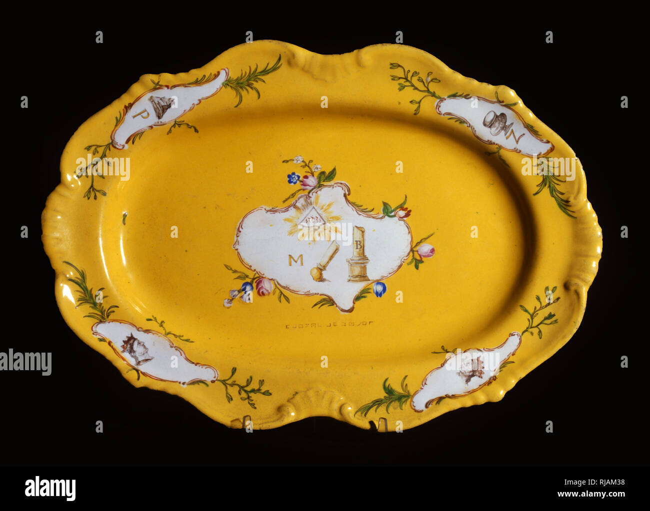 19th century French (Marseilles), porcelain dish with masonic symbols. Stock Photo