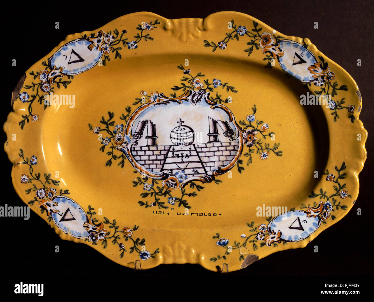 19th century French (Marseilles), porcelain dish with masonic symbols. Stock Photo