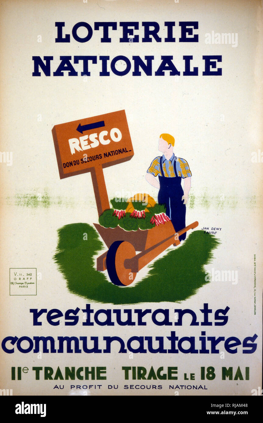 Vichy French wartime national lottery poster highlighting communal food provision 1943 Stock Photo