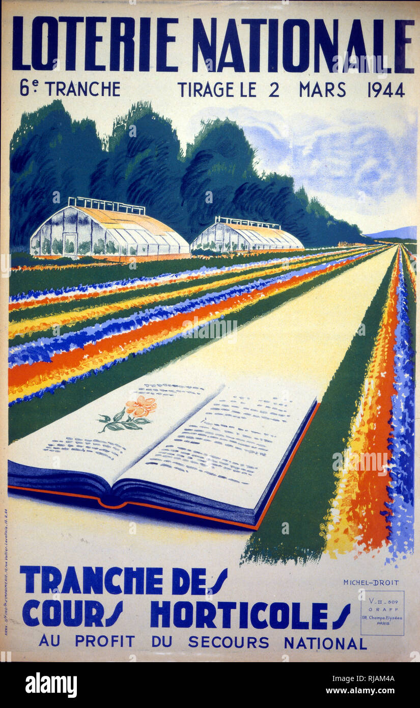 Vichy French wartime national lottery poster highlighting communal horticulture for flowers 1943 Stock Photo