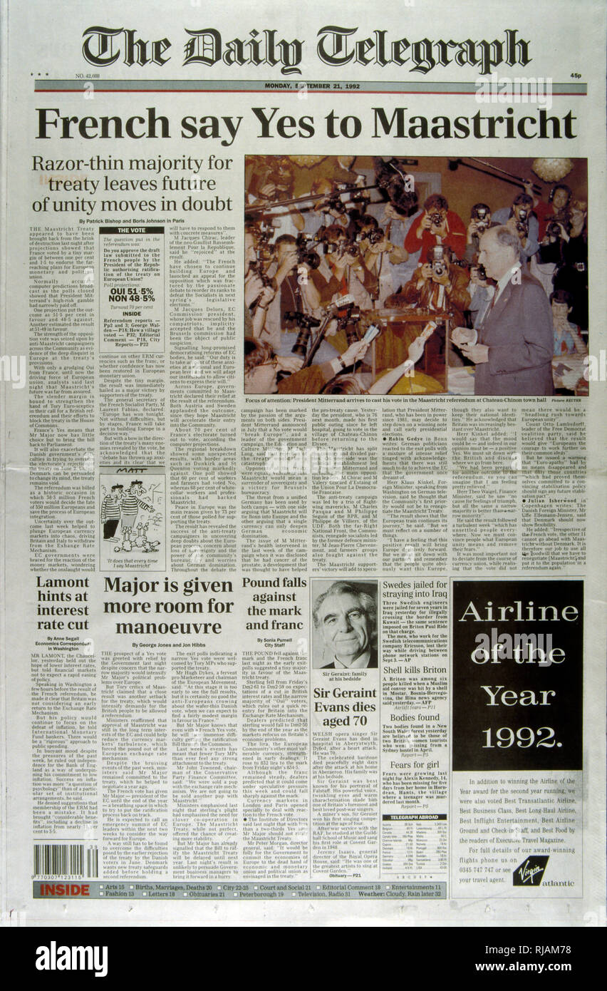 Cover of the British newspaper 'The Daily Telegraph' concerning the  referendum on the Maastricht Treaty, held in France, in September 1992. It  was approved by only 51% of the voters. The result
