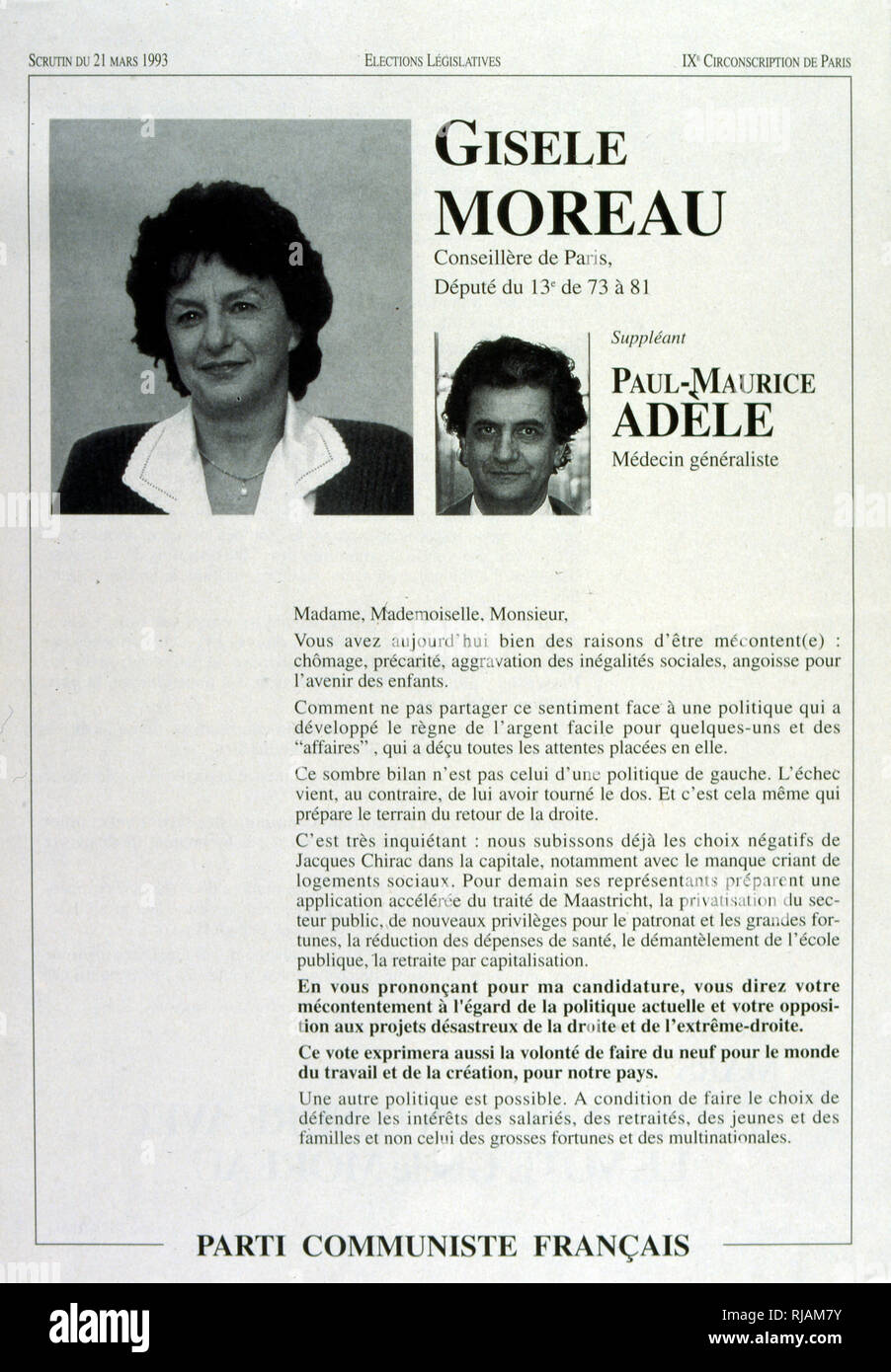 Election poster for Gisele Moreau, born June 30, 1941.  French politician, communist deputy of the thirteenth district of Paris from 1973 to 1981, then member of the European Parliament Stock Photo