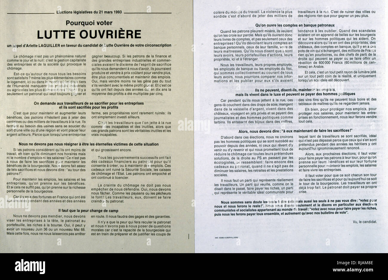 Election poster for candidate, Arlette Laguiller (Workers Struggle), for the French National Assembly 1993 Stock Photo