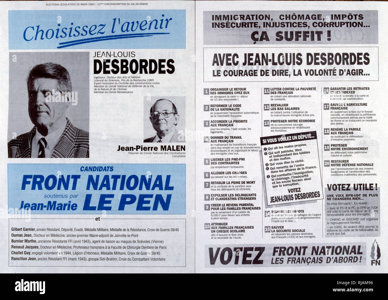 Election poster for National Front (Front National) Party in the French elections of 1993. Two candidates are shown: Jean-Louis Desbourdes and Jean-Pierre Malen Stock Photo