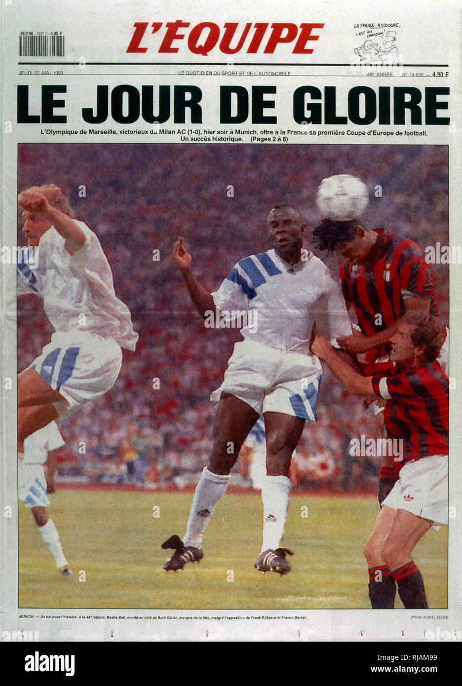 French publication 'L'Equipe' reporting the Marseilles Football club winning the UEFA Champions League in 1993. The highlight of the Marseilles football club's history was winning the new format UEFA Champions League in 1993. Basile Boli scored the only goal against Italy's Milan in the final held in Munich's Olympic Stadium. This triumph, however, was followed by a decade of decline. In 1994, due to financial irregularities and a match fixing scandal involving then president Bernard Tapie Stock Photo