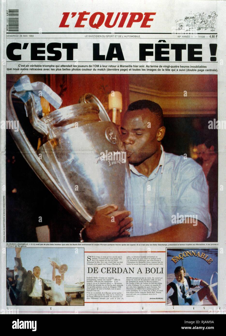 French publication 'L'Equipe' reporting the Marseilles Football club winning the UEFA Champions League in 1993. The highlight of the Marseilles football club's history was winning the new format UEFA Champions League in 1993. Basile Boli scored the only goal against Italy's Milan in the final held in Munich's Olympic Stadium. This triumph, however, was followed by a decade of decline. In 1994, due to financial irregularities and a match fixing scandal involving then president Bernard Tapie Stock Photo