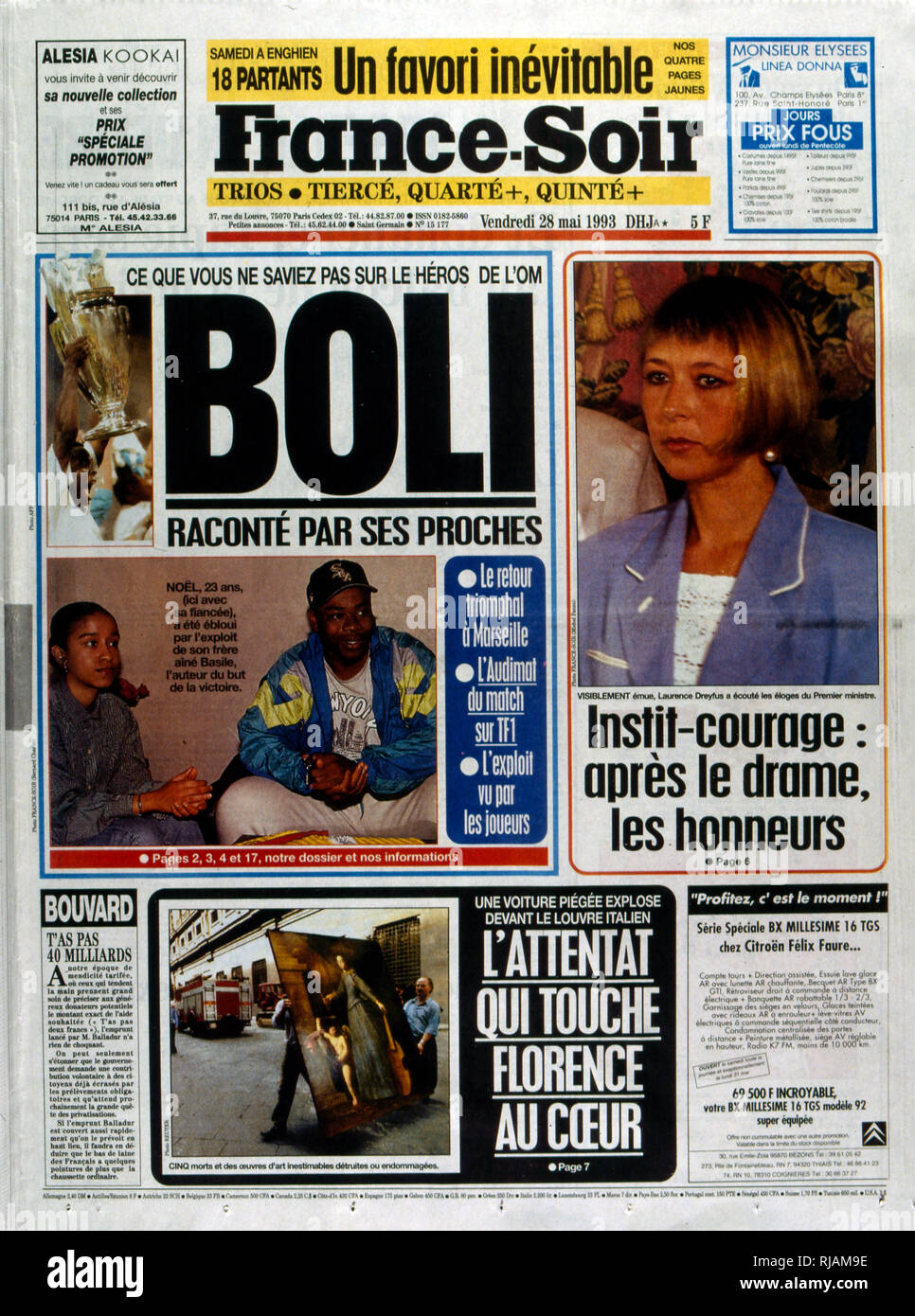 French publication 'France-Soir' reporting the Marseilles Football club winning the UEFA Champions League in 1993. The highlight of the Marseilles football club's history was winning the new format UEFA Champions League in 1993. Basile Boli scored the only goal against Italy's Milan in the final held in Munich's Olympic Stadium. This triumph, however, was followed by a decade of decline. In 1994, due to financial irregularities and a match fixing scandal involving then president Bernard Tapie Stock Photo