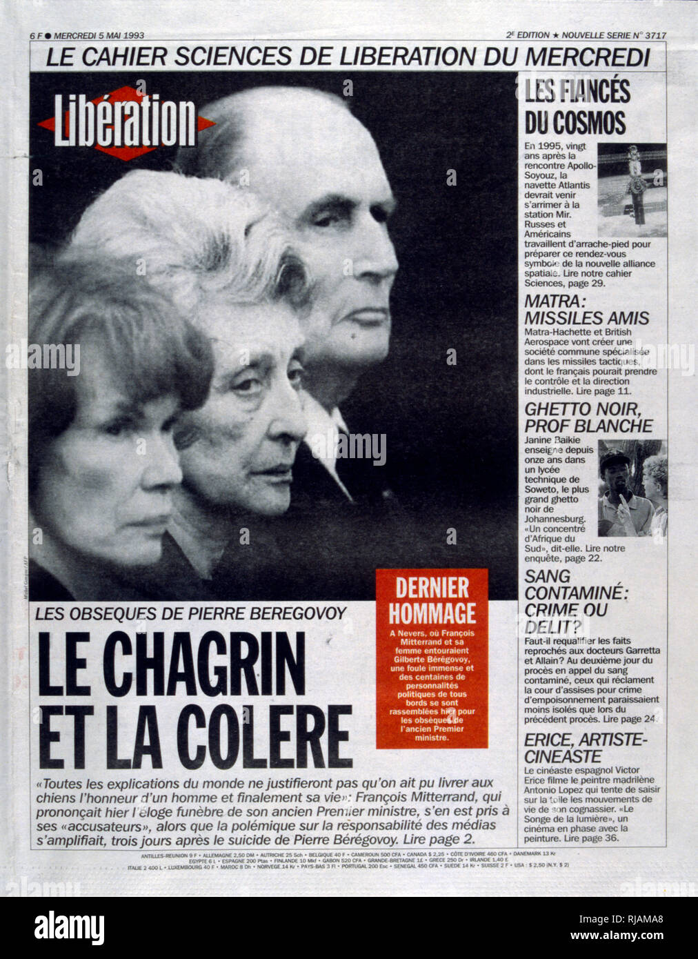Front page of the French newspaper 'Liberation' after the funeral of Pierre  Beregovoy, May 1993. Pierre Eugene Beregovoy (1925 - 1 May 1993) was a  French politician who served as Prime Minister