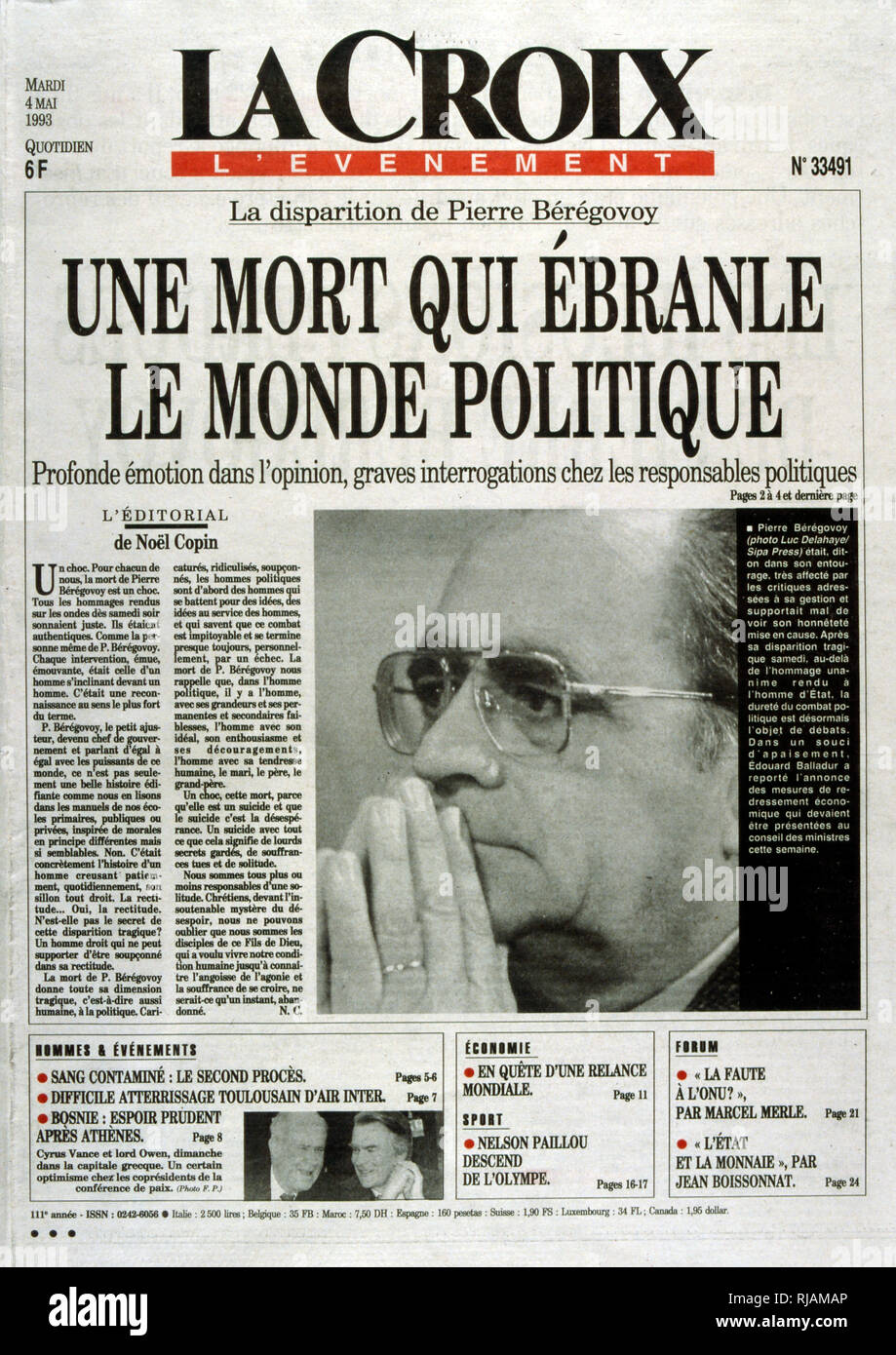Front page of the French newspaper 'Le Croix' after the funeral of Pierre Beregovoy, May 1993. Pierre Eugene Beregovoy (1925 - 1 May 1993) was a French politician who served as Prime Minister of France under President Francois Mitterrand from 2 April 1992 to 29 March 1993. He committed suicide. Stock Photo